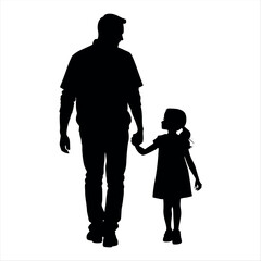 A man and a little girl are walking together. The man is holding the girl's hand. The girl is wearing a dress