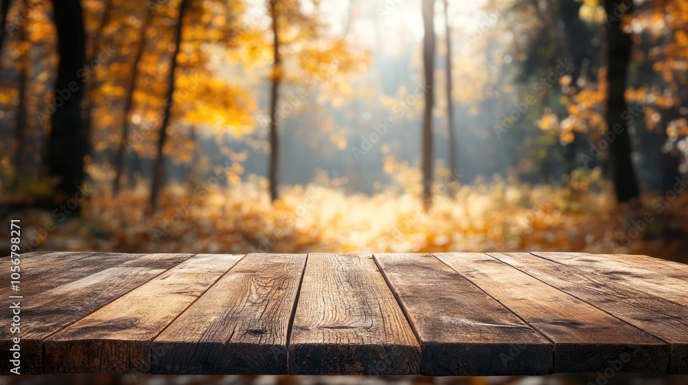 Poster wooden table in the foreground with a softly blurred forest background ideal for showcasing products