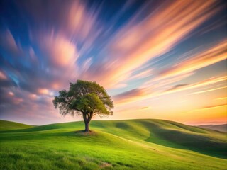 Fototapeta premium Serene Hills and Tree in Soft Sky - Long Exposure Landscape for Relaxation and Nature Themes