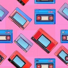 A colorful pattern featuring retro cassette tapes on a pink background, evoking nostalgia for vintage music and media.