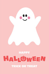 Halloween greeting card with funny hand drawn ghost. Vector illustration
