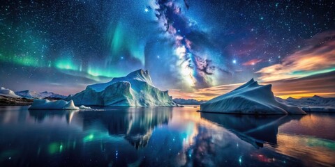 Obraz premium Serene Iceberg in Tranquil Waters Under Dramatic Sky Night Photography of Icebergs, Reflections, Nature, Landscape, Starry Sky, Northern Lights, Serenity, Calm Waters, Arctic Beauty, Nighttime Scenery