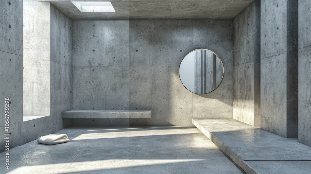 Poster a large room with a mirror and a bench