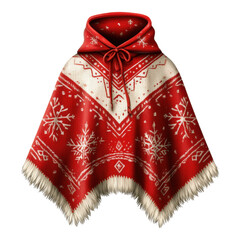 A cozy red poncho featuring white snowflakes and geometric patterns, perfect for winter and festive occasions.