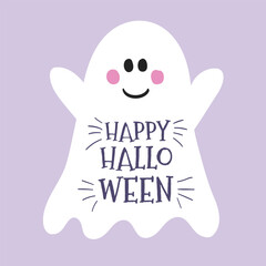 Cute Halloween greeting card with funny ghost. Vector illustration