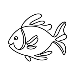 Simple black and white illustration of a fish swimming, perfect for children's books or educational materials