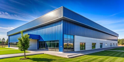 Fototapeta premium Modern industrial building with blue siding and large windows, surrounded by lush green grass and a blue sky