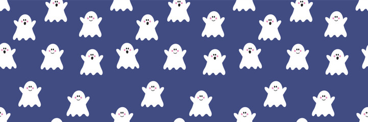 Design of Halloween pattern with cute ghosts. Banner. Vector illustration