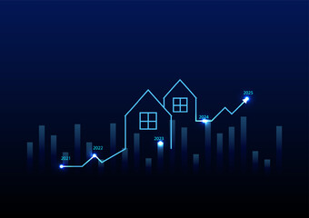 Real estate investment concept. The glowing and neon light of the home with an upper arrow graph on a dark blue background. Property growth and profit for the future.