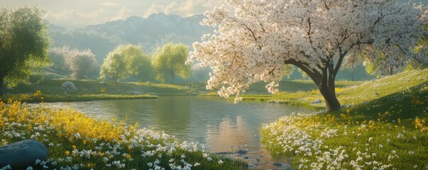 Serene Minimalist Meadow with Warm Pastel Colors, Tranquil Spring Landscape with Blooming Cherry Tree and a Calm Pond, Perfect for Nature Wall Art and Desktop Backgrounds