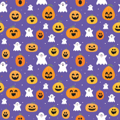 Obraz premium Cute Halloween pattern with spooky pumpkins and ghosts. Vector illustration