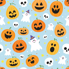 Seamless pattern with hand drawn pumpkin lanterns, ghosts and skulls. Halloween background. Vector illustration