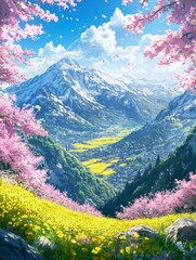 Springtime Mountain Valley with Cherry Blossoms