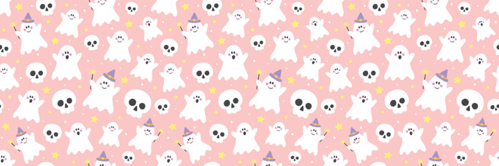 Fototapeta premium Halloween background. Seamless texture with cute ghosts and skulls. Banner. Vector illustration