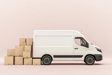 White transport van with blank side mock up with box's on white background
