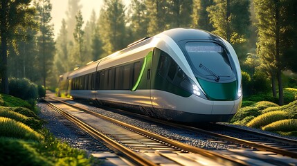 A sleek, silver electric train gliding effortlessly along futuristic tracks, surrounded by lush greenery and solar panels