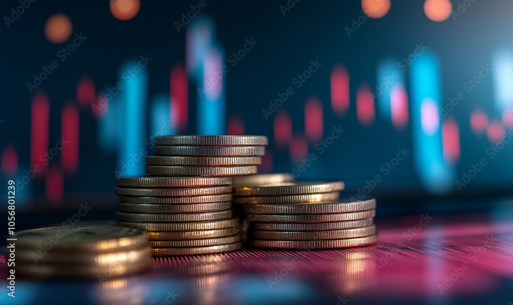 Poster a close-up view of stacked coins with an upward trending graph in the background, symbolizing financ