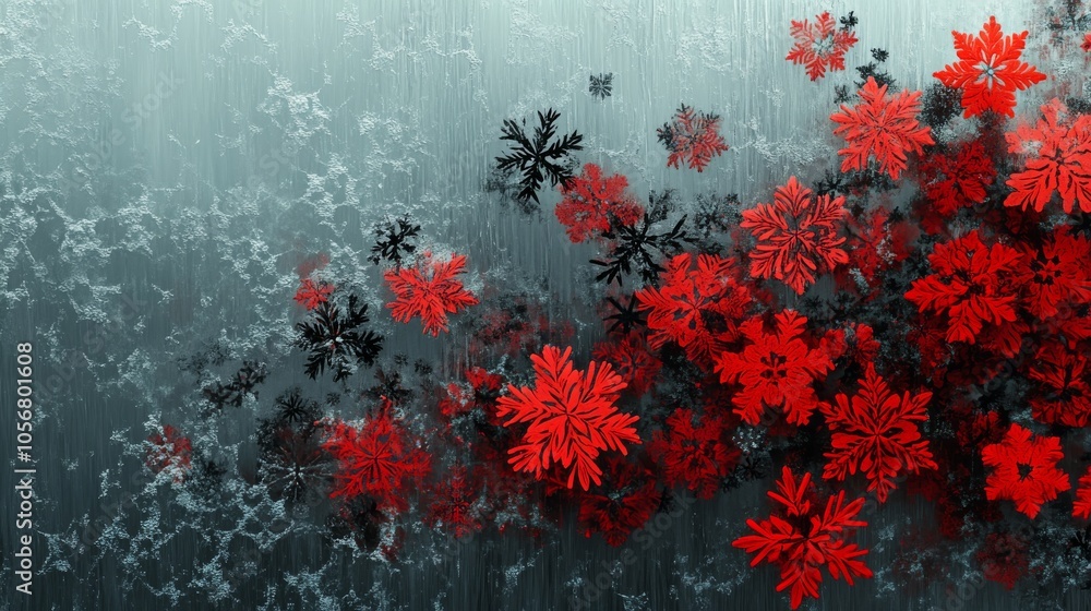 Poster Red and Black Snowflakes on a Frosted Windowpane
