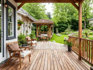 Fototapeta premium View on pretty cozy garden with rest area on a wooden porch