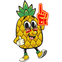 Cute and happy fun pineapple isolated vector cartoon mascot character raise foam finger, work of hand drawn