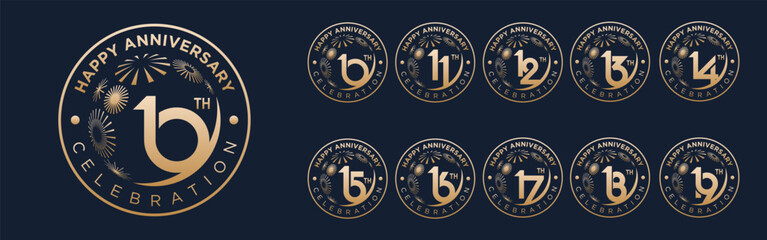 Naklejka premium set of 10 to 19th anniversary logotype design, with golden fireworks for celebration event, wedding, and birthday, vector illustration