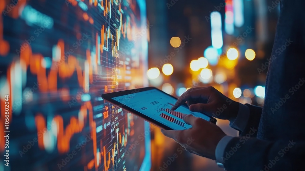 Poster a businessman uses a tablet to analyze stock market data displayed on a large screen in a city at ni