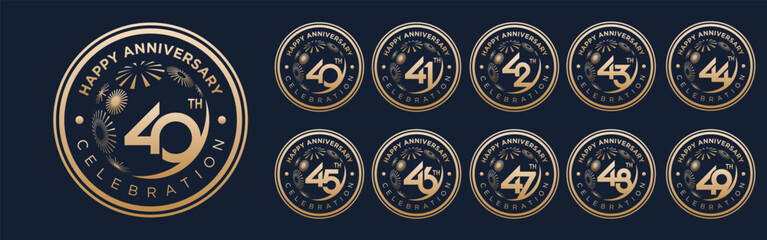 set of 40 to 49th anniversary logotype design, with golden fireworks for celebration event, wedding, and birthday, vector illustration