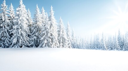 Fototapeta premium A serene winter landscape showcasing a snow-covered forest with towering pines draped in fresh white snow. Sunlight breaks through the branches, creating a magical glow on the sparkling snow. The
