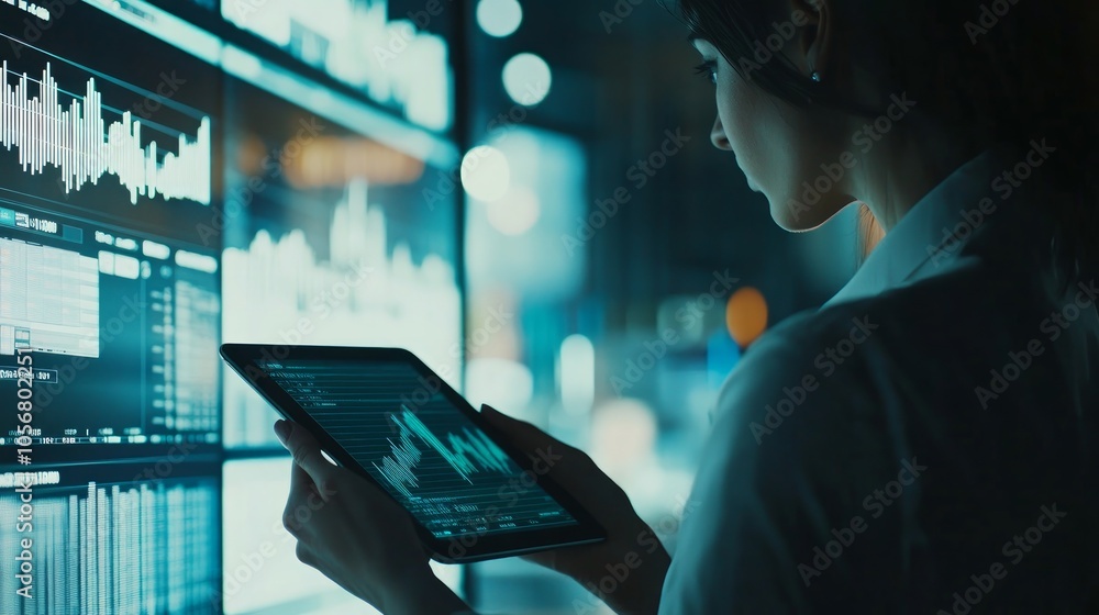 Poster a businesswoman analyzes financial data on a tablet in front of a large screen displaying charts and