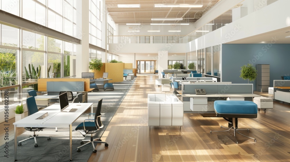 Poster a contemporary office layout with open spaces for socializing and networking among colleagues