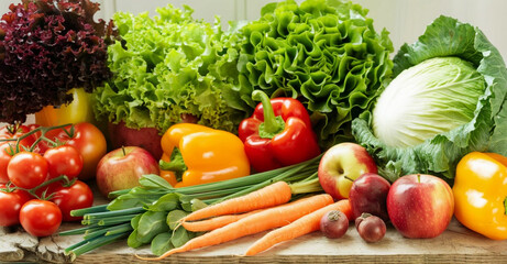 vibrant display of fresh organic fruits and vegetables arranged on a rustic wooden table, with a variety of colorful produce including tomatoes, lettuce, bell peppers, carrots, and apples. Natural