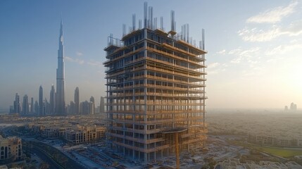 Stunning Aerial View of Skyscraper Skeleton Rising Above City Skyline with Clear Sky, Construction Progress, Civil Engineering, Modern Architecture, Urban Development, Building Design, Real Estate