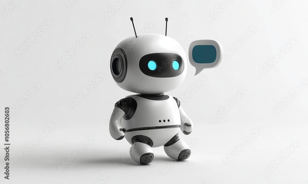 Poster a delightful chatbot character complete with a speech bubble stands out against a white background