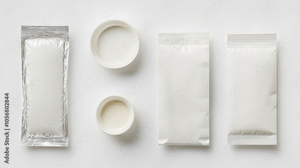 Aufkleber Plain Foil Food Packaging and Small Containers Arranged on a Surface Generative AI
