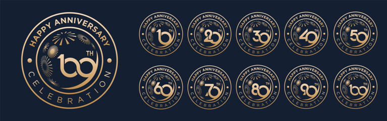 set of 10 to 100th anniversary logotype design, with golden fireworks for celebration event, wedding, and birthday, vector illustration
