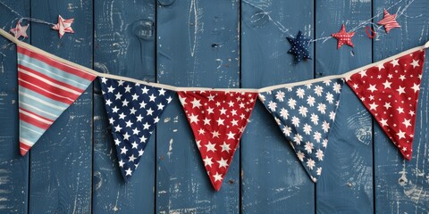 Obraz premium Colorful bunting with stars and stripes on a rustic blue wooden background, perfect for patriotic celebrations and festive decorations.