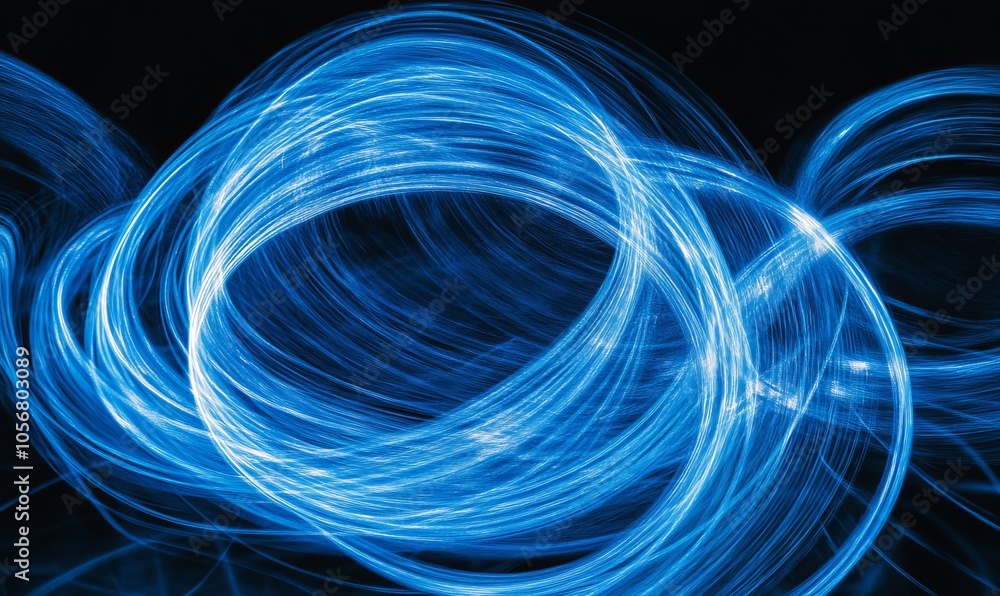 Poster a dynamic abstract image showcasing glowing blue light trails curving elegantly against a dark backg