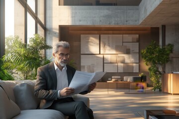 Successful Entrepreneur Analyzing Business Reports in a Modern Home Office Setting He sits on a comfortable couch surrounded by natural light, reflecting on strategies for growth and innovation This