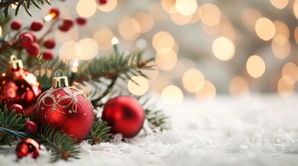 A red and white Christmas tree with red ornaments and a red ball. The tree is lit up and surrounded by snow