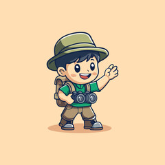 Adventurous Cartoon Boy with Hat and Binoculars Waving on Beige Background