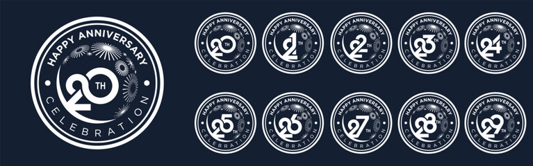 set of 20 to 29th anniversary logotype design, with white color fireworks for celebration event, wedding, and birthday, vector illustration