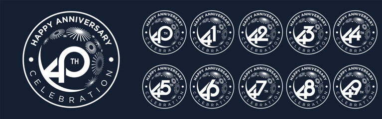 set of 40 to 49th anniversary logotype design, with white color fireworks for celebration event, wedding, and birthday, vector illustration