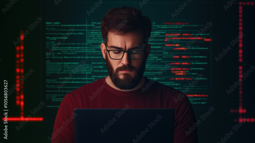 Poster focused man with beard working on laptop in dark room, surrounded by neon code and alerts, creating 