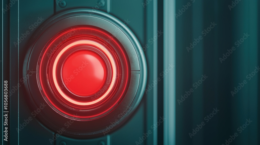 Poster glowing red alert button on dark interface, emphasizing urgency and attention. neon highlights creat
