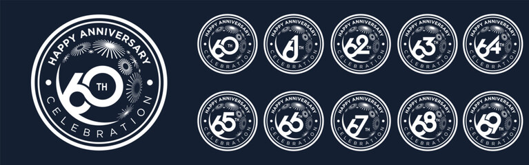 set of 60 to 69th anniversary logotype design, with white color fireworks for celebration event, wedding, and birthday, vector illustration