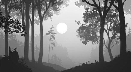 Vector landscape with trees, forest and birds. Good detail, black and white.