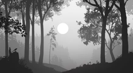 Fototapete Rund Grau Vector landscape with trees, forest and birds. Good detail, black and white.  © kozerog2015