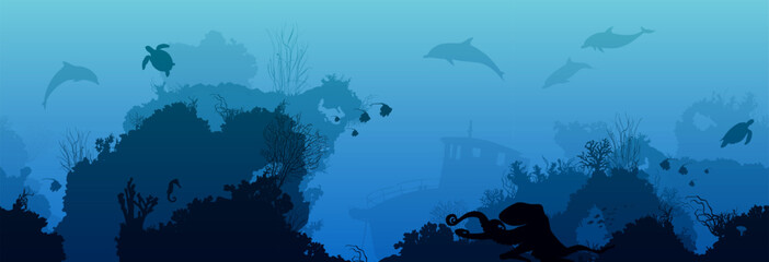 Vector sea background seamless horizontally. Coral bottom with sea animals. Good detail	