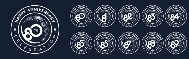 set of 80 to 89th anniversary logotype design, with white color fireworks for celebration event, wedding, and birthday, vector illustration