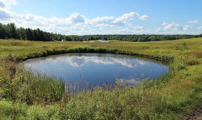 Fototapeta premium A field with a pond and a solar farm